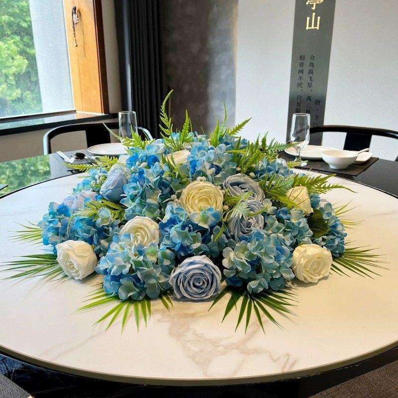 高档餐桌花酒店桌花摆件转盘装饰假花绢花餐厅大圆桌中间摆放台花