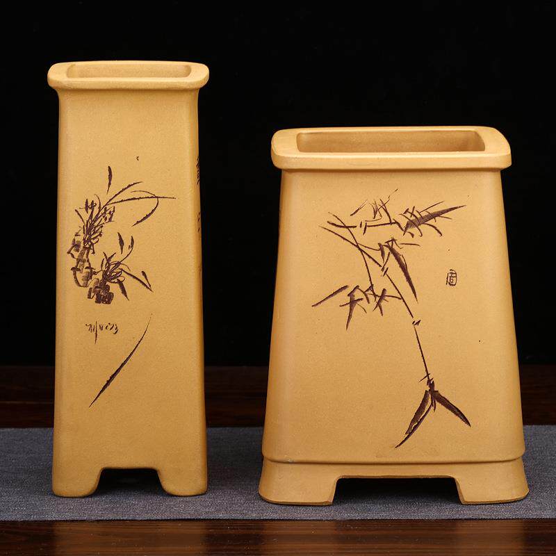 紫砂花盆段泥精品四方高盆兰花盆君子兰悬崖文竹客厅盆景刻绘