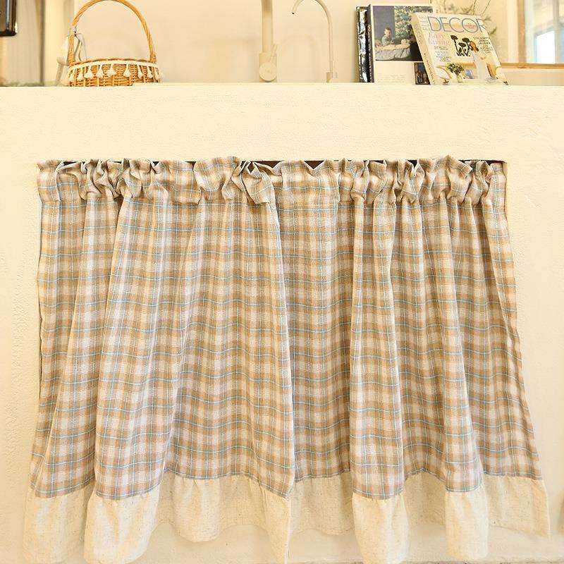 美式乡村卡其格子麻布棉麻半帘挂钩免打孔门帘