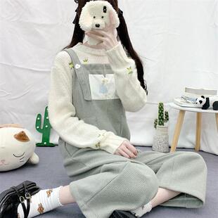 毛呢阔腿裤女2024秋冬新款韩版宽松小个子格子刺S绣洋气背带连体