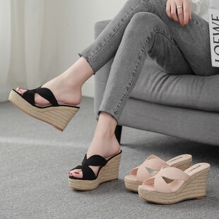 编织厚底防水台百搭高跟拖 外穿夏2020D新款 坡跟凉拖鞋 女草编时尚