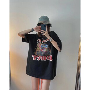 宽松大版 美式 印花白色 黑色纯棉t恤v女夏中长款 t恤裙下衣失踪半袖
