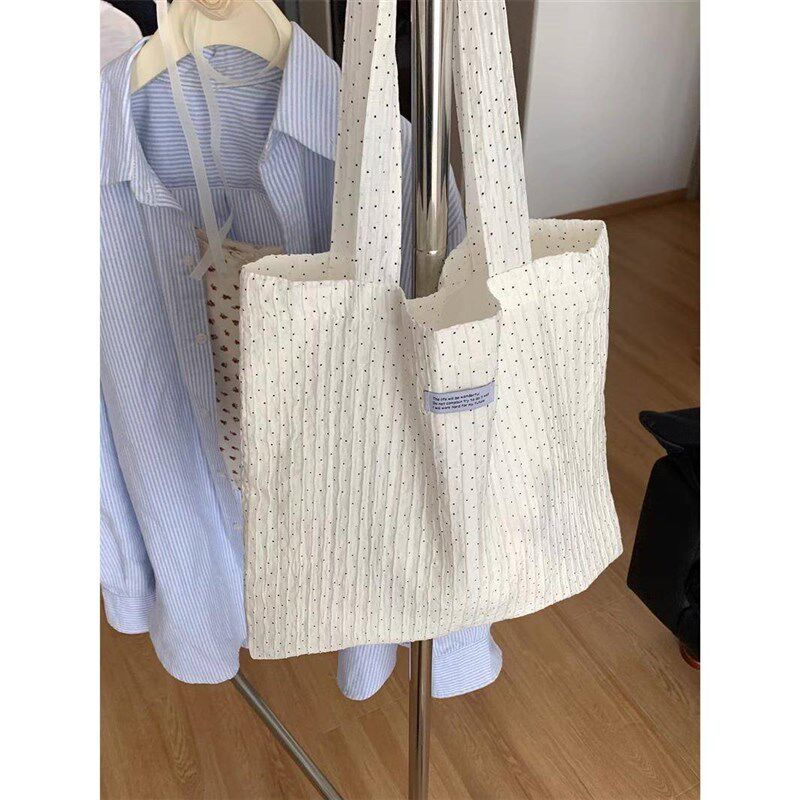 韩系ins博主款慵懒风褶皱肌理感波点帆布包单肩包通勤白色帆布袋