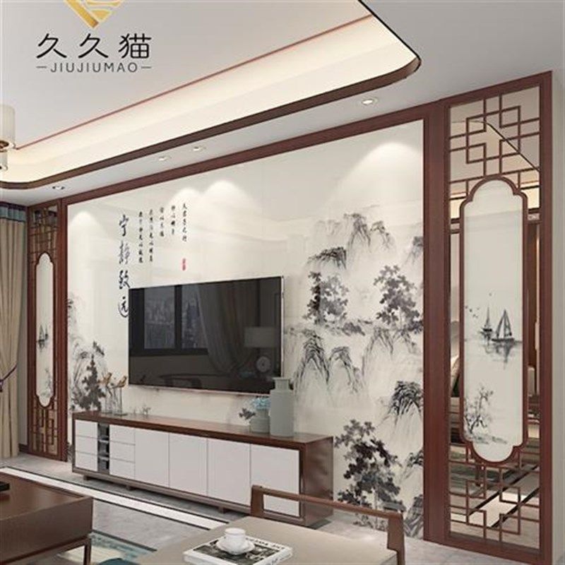中式电视背景墙瓷砖沙比利实木花格边框背景墙石纹水墨画宁静致远