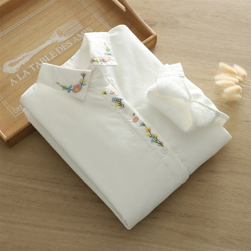 秋季新款日系甜美加绒加厚衬衫女长袖学生K小清新刺绣小花保暖衬