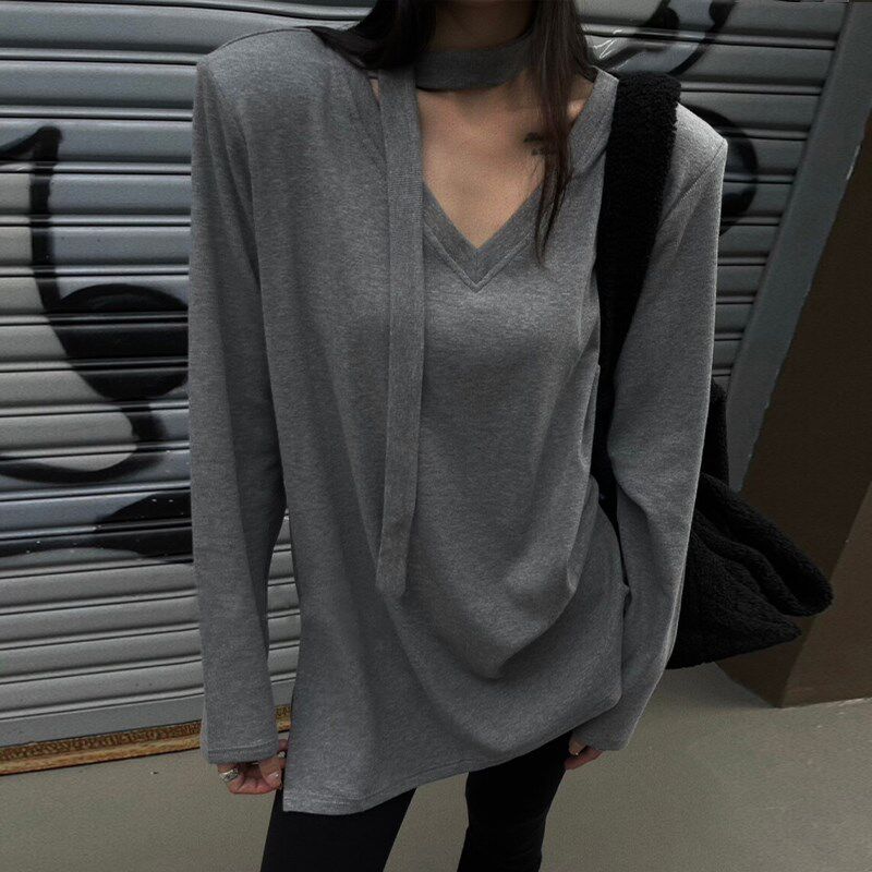 正肩v领t恤女长袖中长款打底衫女遮屁股加绒加厚秋冬内搭可外穿