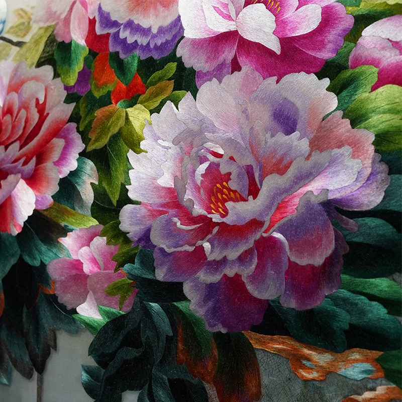 手工苏绣花开富贵进门玄关过道新中式油画风格挂画国花牡丹装饰画图片
