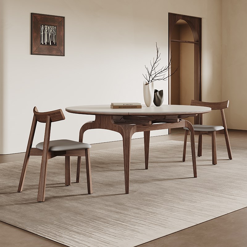 北欧实木伸缩餐桌可变圆桌长方形2025新款家用中古U风纯白岩板餐