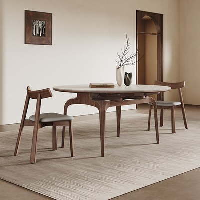 北欧实木伸缩餐桌可变圆桌长方形2025新款家用中古U风纯白岩板餐