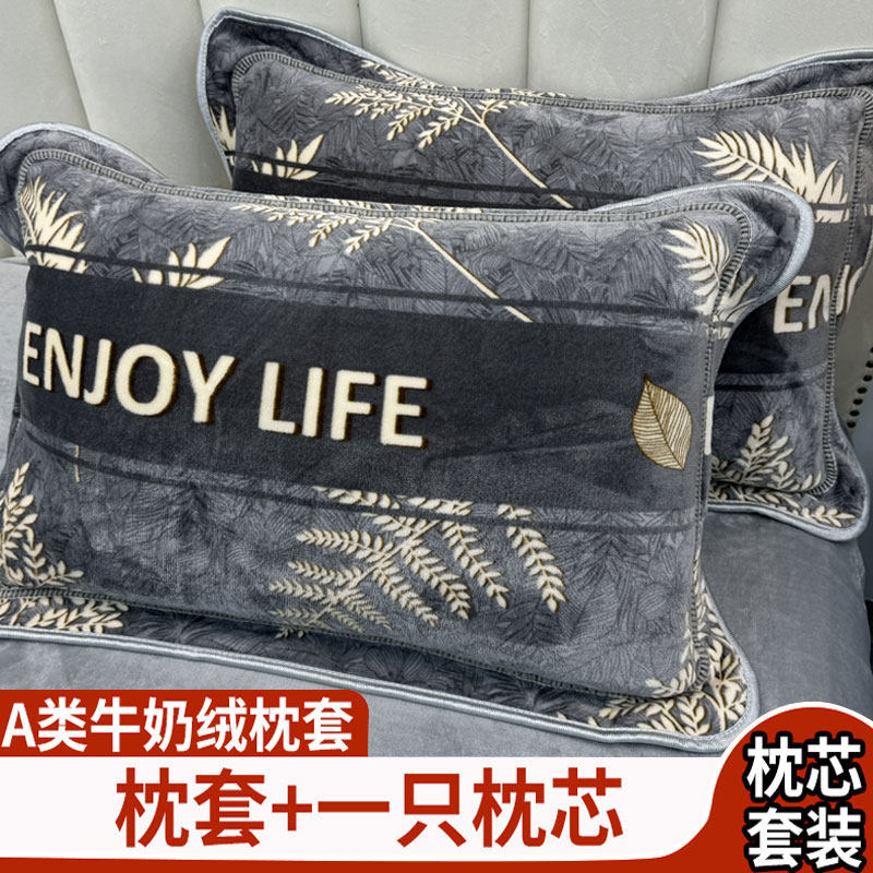 冬天加绒牛奶绒枕头家用单人学生枕z芯加枕套珊瑚绒可拆洗48x74cm