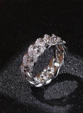 欧美嘻哈古巴链戒指女满镶钻镀金潮流男U士锆石情侣戒指