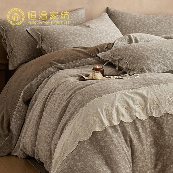 休闲风超柔亚麻棉麻四件套简约提花纯棉绑带款被套床上用品茶咖色