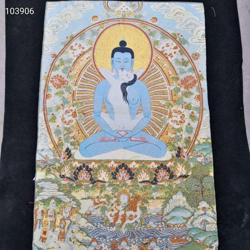 古玩收藏织锦丝绸绣金刚萨埵双身像壁画 家居客厅玄关挂画装饰品