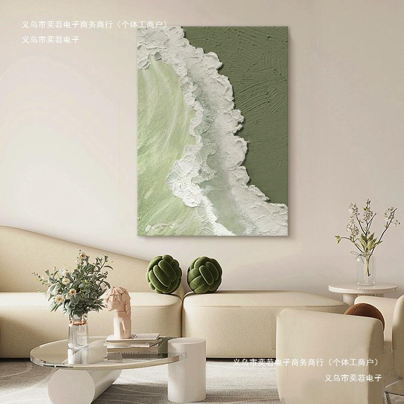 客厅立体肌理玄关装饰画海浪绿色丙烯画北欧石英砂抽象手绘油画画