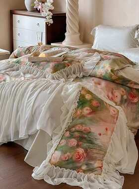 V45O复古法式风100S长绒棉四件套浪漫花卉印花荷叶边被套床上