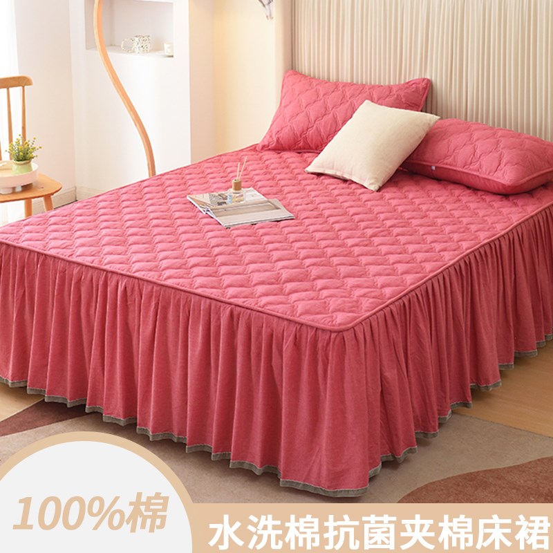 A类水洗棉床裙式m床罩单件纯色夹棉防尘保护套床单床笠垫防滑罩