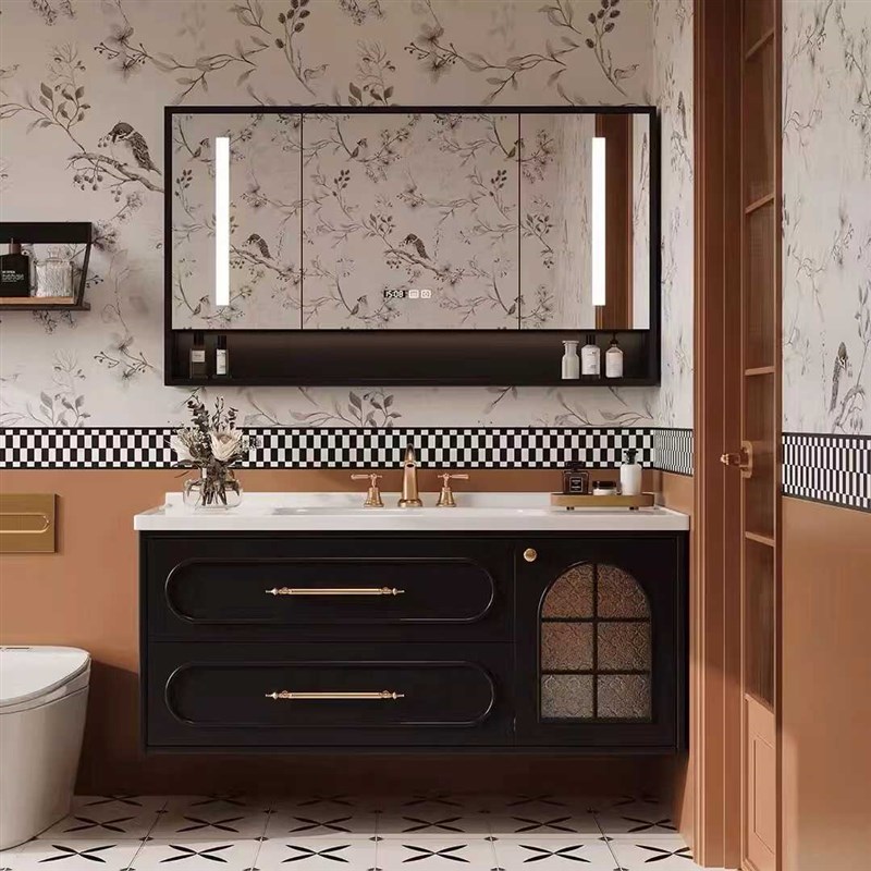 法式复古浴室柜组合卫生间橡木洗脸池洗手M盆陶瓷一体盆轻奢洗漱