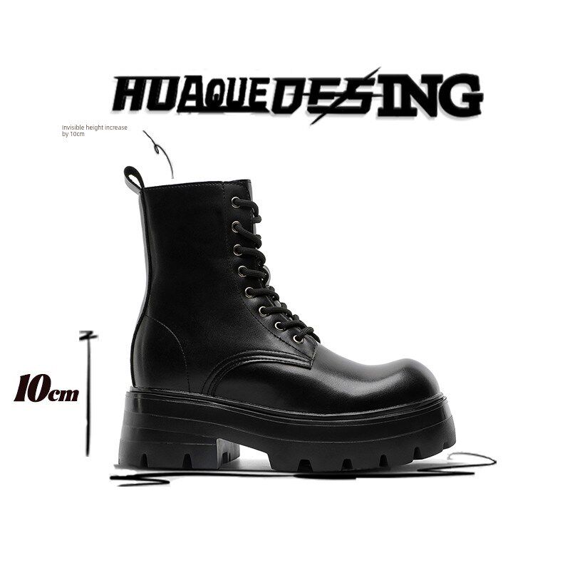 隐形内高增加鞋10厘米英s式风格黑色靴子男士厚底侧拉炼摩托车中
