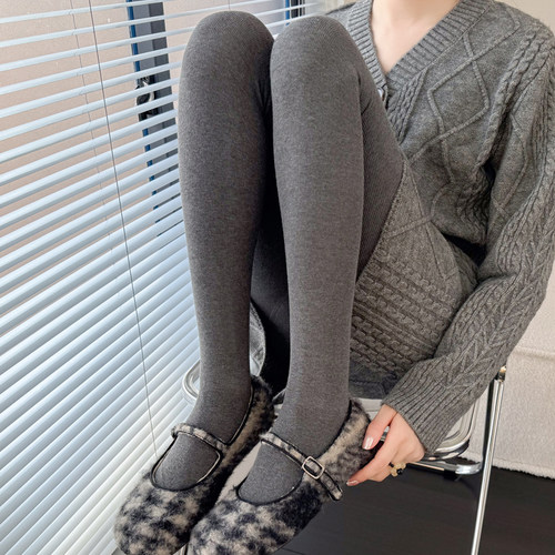 秋冬季烟灰色裤袜女加厚加绒咖B色保暖内搭裤竖条纹米白色踩脚袜