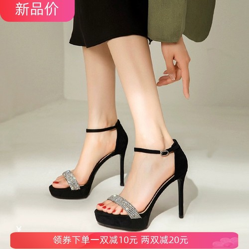 时尚模特走秀g超高跟鞋女细跟防水台一字扣水钻露趾凉鞋小码313