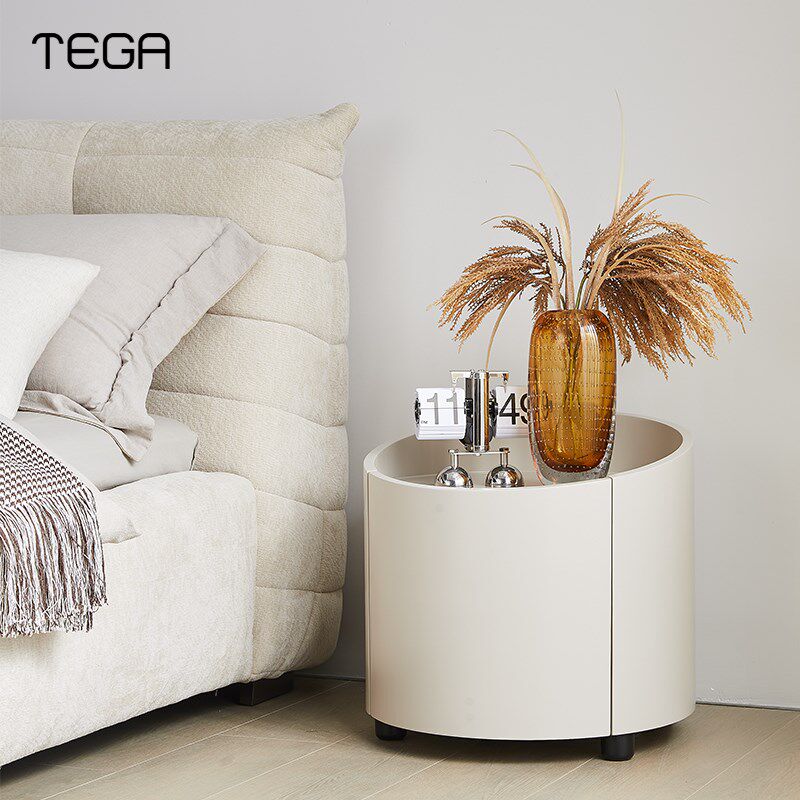 高端烤漆圆形床头柜实n木简约现代网红奶油风40公分超窄床边收纳