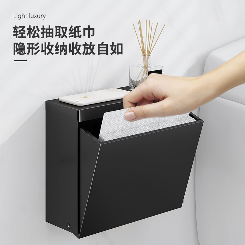 卫生间纸巾盒不锈钢厕纸架厕所卫生纸卷纸架免打孔擦手.方纸盒黑