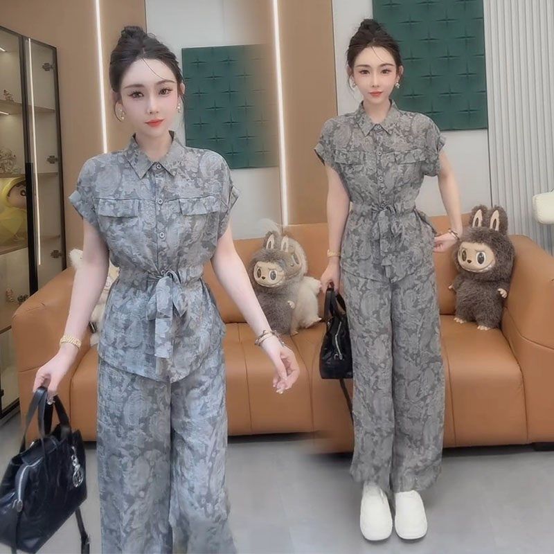 欧货时尚套装女2025夏季新款气质落肩袖L收腰衬衫阔腿裤花色两件