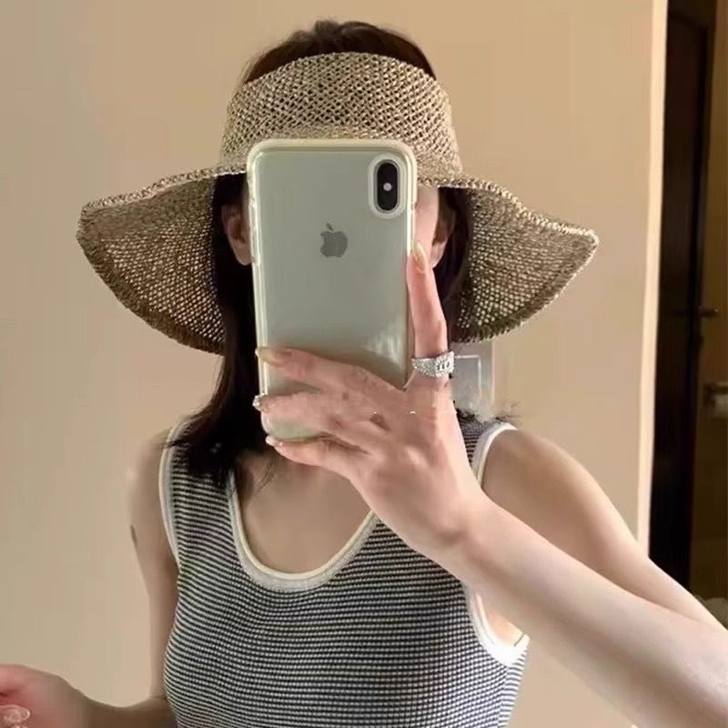韩版手工编织咸草镂空草编空顶帽C女夏季度假草帽可折叠大帽檐防