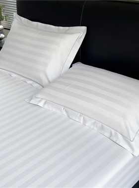 60支提花条纹白色酒o店专用床单单件全棉纯棉被单枕套宾馆民宿铺