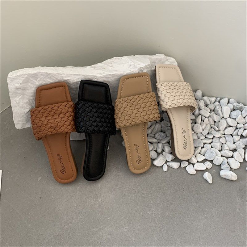 夏季度假风平底网红一字拖鞋女鞋子外穿黑色方头度假编织凉拖凉鞋,女鞋,一字拖,淘宝优惠券,粉丝福利购,淘宝优惠卷