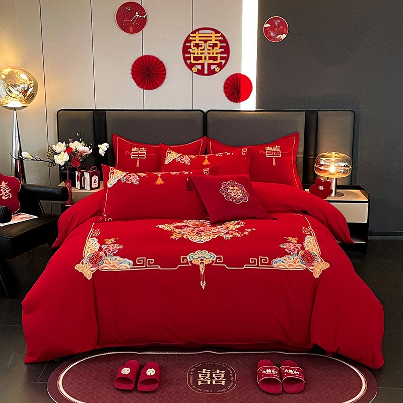 结婚四件套婚庆婚房喜被床单龙凤刺绣被套被单婚礼大红色床上用品