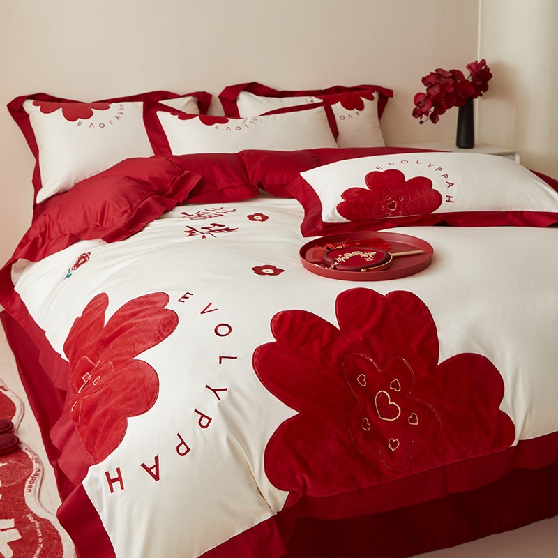 红色结婚140支长绒棉四件套ins风喜字被套纯棉床单陪嫁新婚庆床品