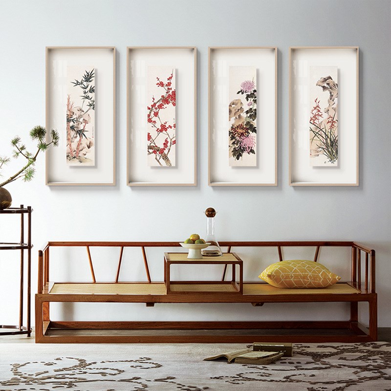 梅兰竹菊茶室挂画悬浮立体画新中式花卉雅致玄关餐厅装饰画花鸟画图片