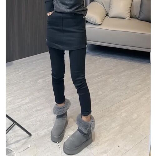 秋冬加绒牛仔围裙裤女侧拉链包臀弹力显瘦小脚裤假两件九分直筒裤