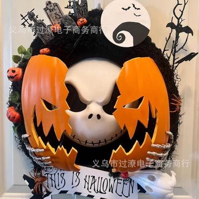 跨境新品Nightmare Pumpkin Wreath万圣节噩梦南瓜花环装饰门牌