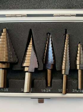 五件套铝盒装钢板打孔器英制5pc三角孔扩孔宝塔钻头台阶梯钻