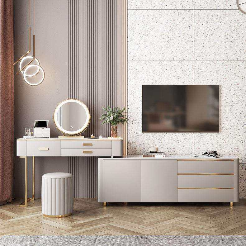 实木梳妆台电视柜现代简约卧室收纳柜岩板化妆桌收纳一体柜妆凳