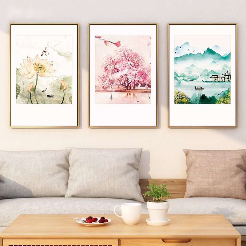水墨江南新中式客厅挂画餐厅背景装饰画风景荷花现代简约书房壁画图片