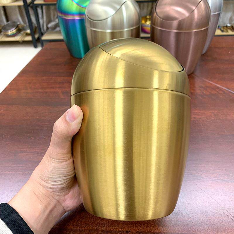 跨境新款304不锈钢垃圾桶小型彩色蛋形摇盖式桌面迷你办公室纸篓