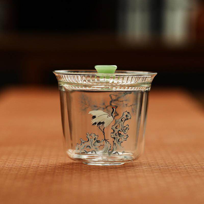 青松瑞鹤双层耐热玻璃盖碗茶杯家用中式单个防烫绿茶专用泡茶器