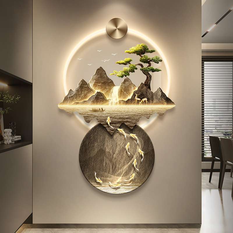 轻奢入户玄关装饰画新中式流水生财山水灯画高档走廊过道立体壁饰图片