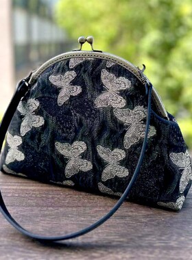 单肩25cm半圆大容m量一片式口金包材料包非成品手工布艺DIY30X8X2