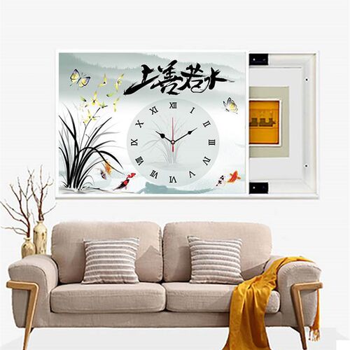 电表箱装饰画带钟表简约壁挂装饰可推拉I配电箱遮挡画电闸水晶画