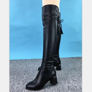 软皮过膝长靴冬季加绒弹力靴长筒靴女过膝皮面胖mm腿粗高筒靴靴子