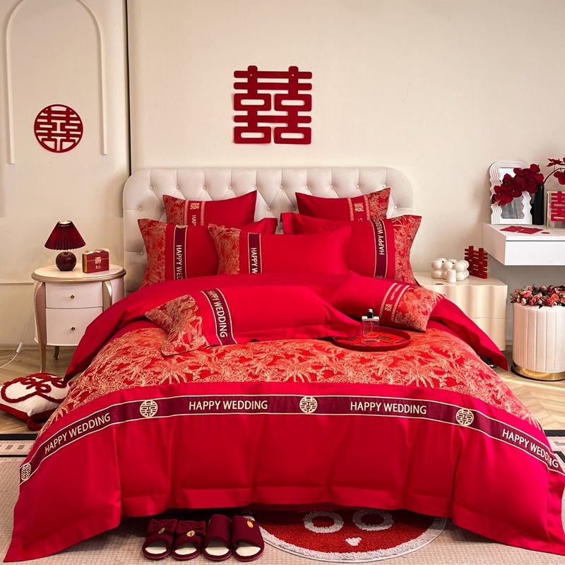 A类中式结婚床上用品四件套简约红色床单喜被新婚庆被套4