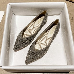 法式尖头单鞋女2024新款秋冬浅口鞋子水钻黑色女生气质平底票鞋