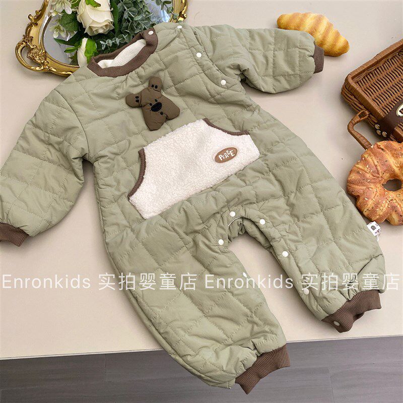韩版宝宝冬季连体衣婴儿加绒加厚保暖外出服时尚洋气周岁爬服哈衣