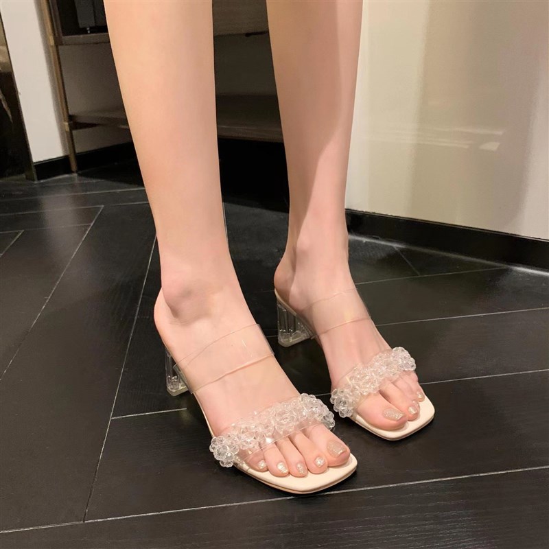仙女款~~绝f美滴~~水晶花朵方头夏季透明粗跟高跟凉鞋半拖鞋女