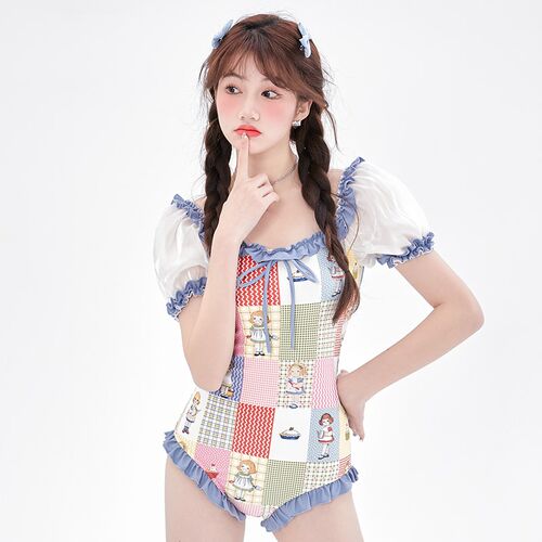 新款日系可爱小女孩印花纱纱泡泡袖连体法式保守少女泡温泉泳衣女