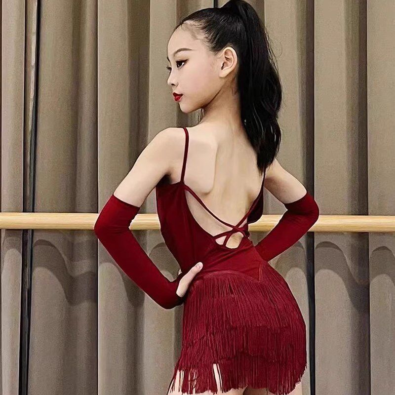 新款少儿拉丁舞裙服装表演比赛练功服儿童演出流苏套装高级感2024